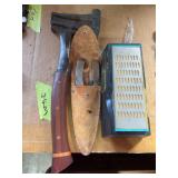 Hatchet with homemade wooden handle multitool, and knife sharpener