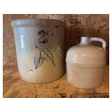 2 gallon crock with blue leaf markings and small jug