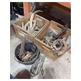 Wooden boxes full of horns, antique primitive type items, horseshoes, some flatware, hinges, hooks, etc.