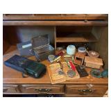 Antique Kodak camera, trinkets and antiques and collectibles, homemade wooden boxes, shaving brush, button hook, etc.