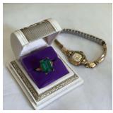 10 K marked ring with large green stone and antique Swiss watch