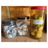 Three containers of fossilized and polished shells