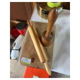 Wooden cutting board, handmade rolling pin, and fish whacker
