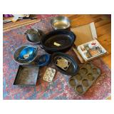 Vintage kitcheware, includes enamelware, apple peeler, flour sifter, and vintage pans