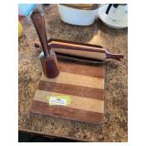 Small cutting board, handmade rolling, pin with ceramic rolling pin holder/bread baking stone, and fish wacker
