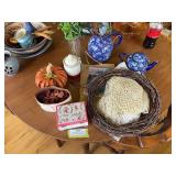 Blue and white pitcher and tea pot, plus doilies etc