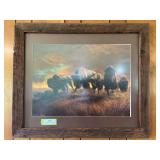 "Wildfire" Signed and numbered Barbara Peets buffalo print in Barnwood frame 32 x 27