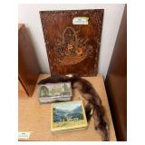 Antique wood wall hanging, pine Martin and vintage tins