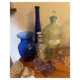 Large bottle with stopper, purple candelabra - broken, blue glass pieces