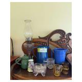 Antique oil lamp, enamel wear, stoneware, pitcher, large salt, etc.