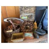 Pinecone decor, basket, music box, sad iron