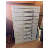 Homemade wooden storage drawer, full of miscellaneous shop items