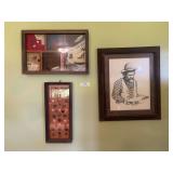 Bob Johnson gold panning picture, cabinet full of pins and curio with knickknacks