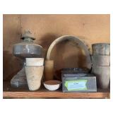 Kerosene lamp, ceramic vessels, tin box