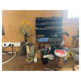 Miscellaneous bench top tools, screwdrivers, socket set, wrench sets, some petrified wood, Dremel tool, hammers, cleaning brushes