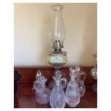 Glass Cruets and oil lamp