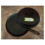 Unmarked, cast-iron griddle, and Griswald lid
