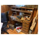 Roll top desk with rolling desk chair and extra locking file box plus tripod and label printer