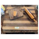 Large wood cutting board, rolling pin with ceramic rolling pin holder/bread baking stone, small cutting board and handmade towel holder