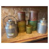 Vintage canister set and two 4 quart cream cans