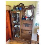 Antique drop front secretary, curved beveled glass door and mirror with ornate carving 36 x 13 x 70 - stunning piece!!