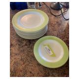 Vintage Pyrex cafeteria plates - green and pink rim 9 large and 2 small