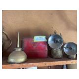 De Laval oil tin, oil can and two miners lights