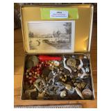 Antique buttons, bisque doll parts, and postcard