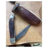 Shrade Walden folding knife with leather sheath