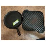 Unmarked cast-iron griddle, and lodge two sided cast-iron griddle