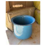 Blue enamel pot and homemade hanging flower planters plus wind chime