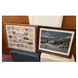 Charlie Russell framed buffalo print and Navajo dye chart