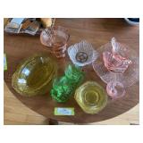 Pink, green and yellow depression glass