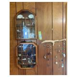 Two wall hanging curio cabinets and wind chime plus all contents lots of small antique knickknacks