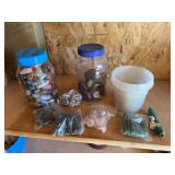 Multiple containers and bags full of miscellaneous rocks, fossils, and stones ￼