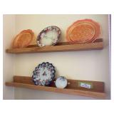 Iris and Herringbone plates plus hand-painted, China plates and two oak wall hanging plate shelves (must be unscrewed from wall)