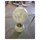 Vintage 'Gone with the Wind' style double-globe hurricane lamp featuring hand-painted maple leaves