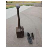 Vintage Cast Iron Cobbler's Anvil and Shoe, Stand mounted on a heavy wooden block