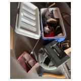 Hatchet, dustpan, shot shell box, cooler full of gloves hats