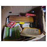 Box of cards, dice, game items