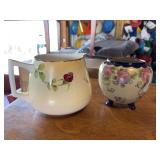 Vintage footed bowl, hand painted pitcher and cup