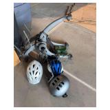 Bike rack, helmets, foot pump