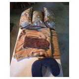 Throw pillows and blanket with arms and neck support pillow