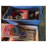 Cooler with red solo cups and foam coffee cups, with coffee filters, napkins, To go containers