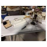 Jewelry box, Cartel hair dryer, old lamp, cross, covered ice tray, pillows