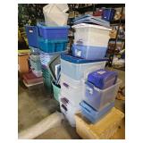 Large Lot of Plastic Totes with Lids, Various Sizes