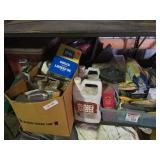 Boiled linseed oil, vintage metal cooler, garden hose, concrete degreaser, tree and shrub fertilizer