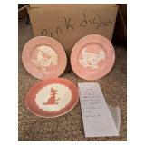 White Rose carv-kraft by Harker Cameoware dishes in pink and a yellow bowl w wooden fruit