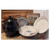 Longaberger pie plates, canister, candle rest and book