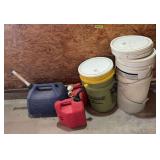 3 gas cans and 5 gal buckets